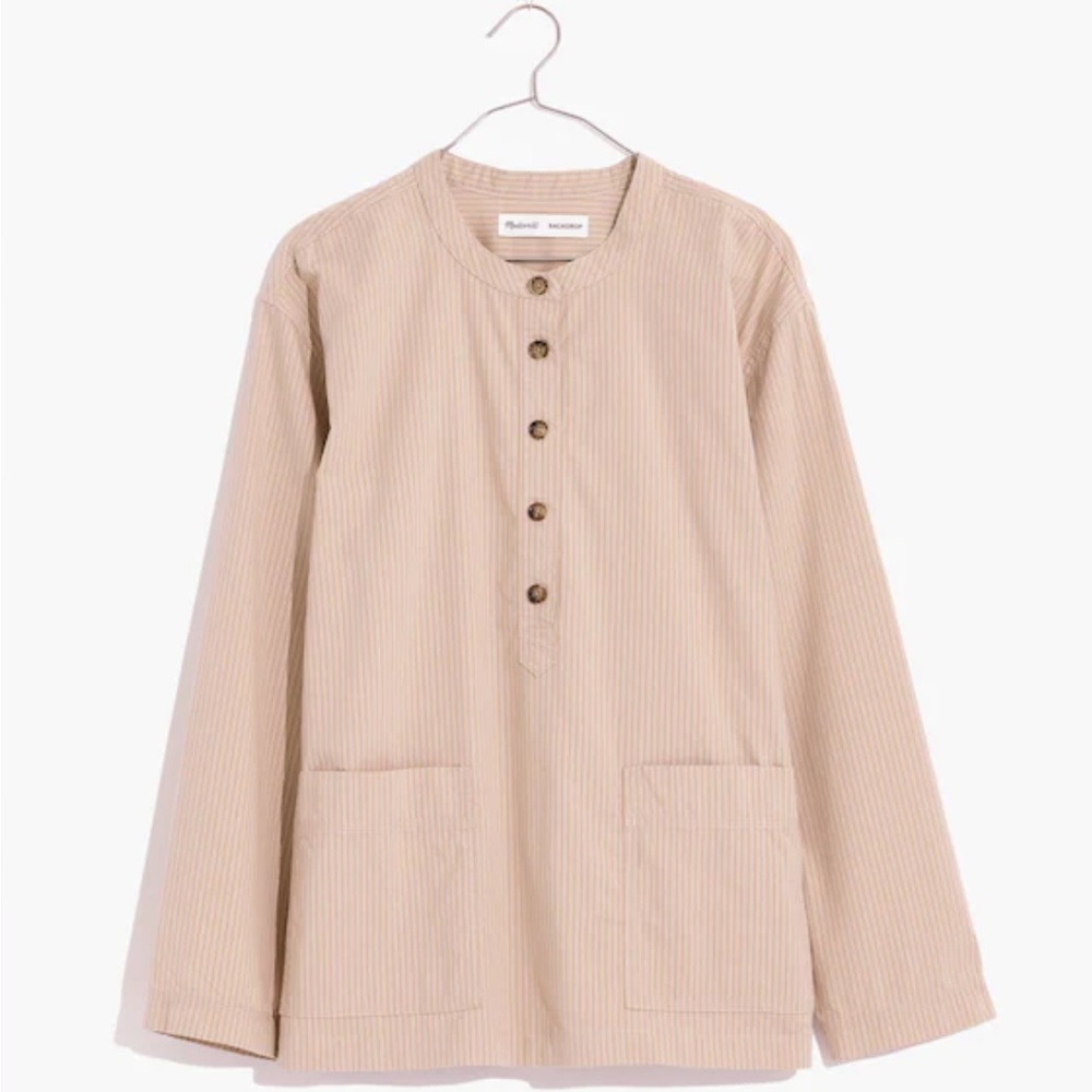 Madewell Pinstriped Tan Button-Up Tunic Shirt w/ 2 front pockets - size small